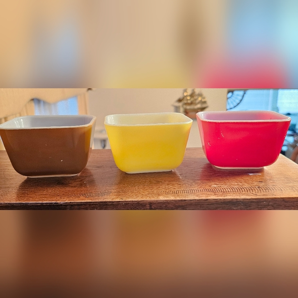 Pyrex Made In the USA 1.5 Cup Dishes Yellow, Red, and Brown, No lids